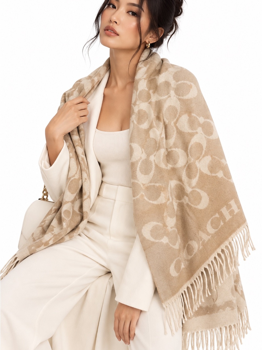 COACH wool Beige & Cream Logo Fringe Wrap Scarf